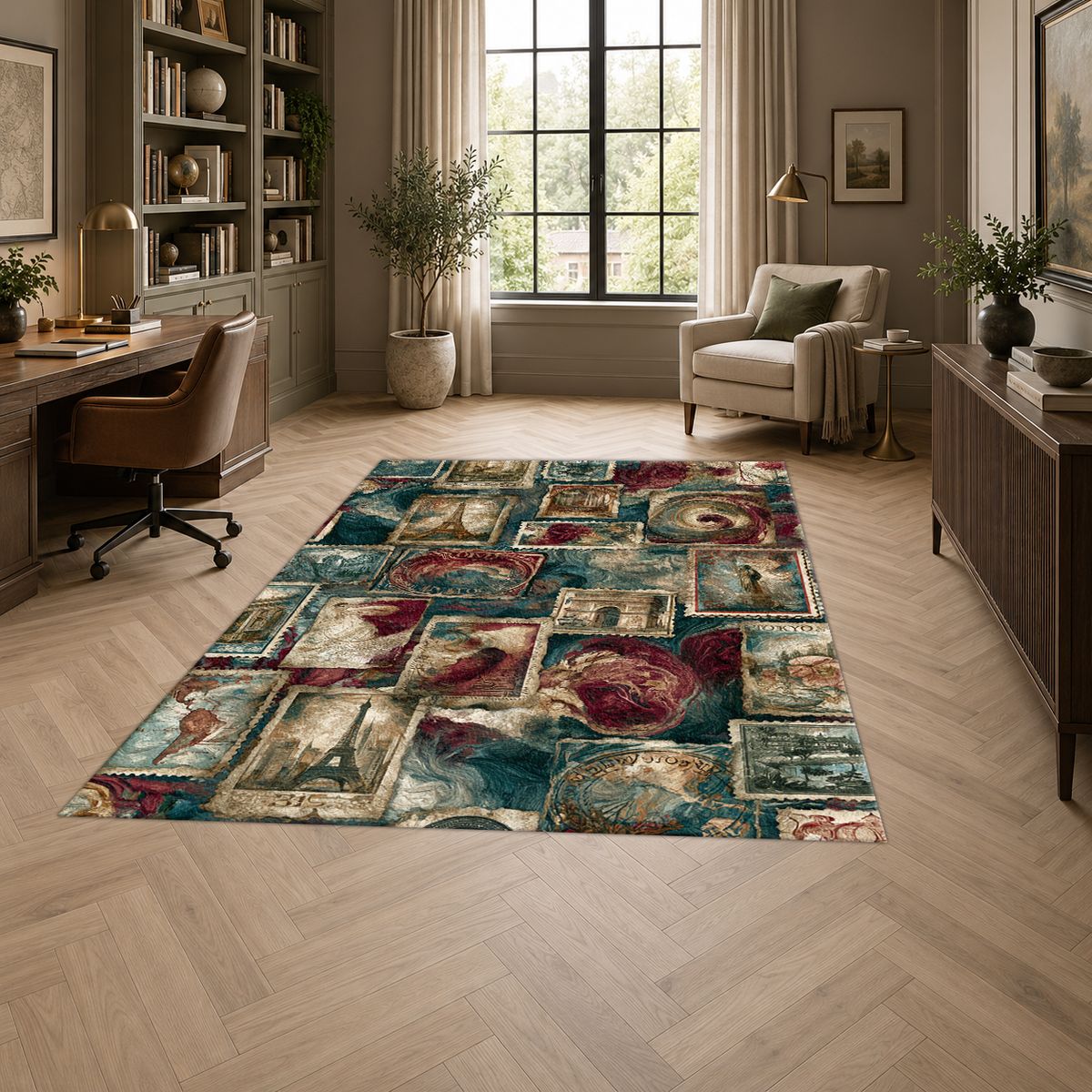 Vintage Travel Postage Stamps printed area rug