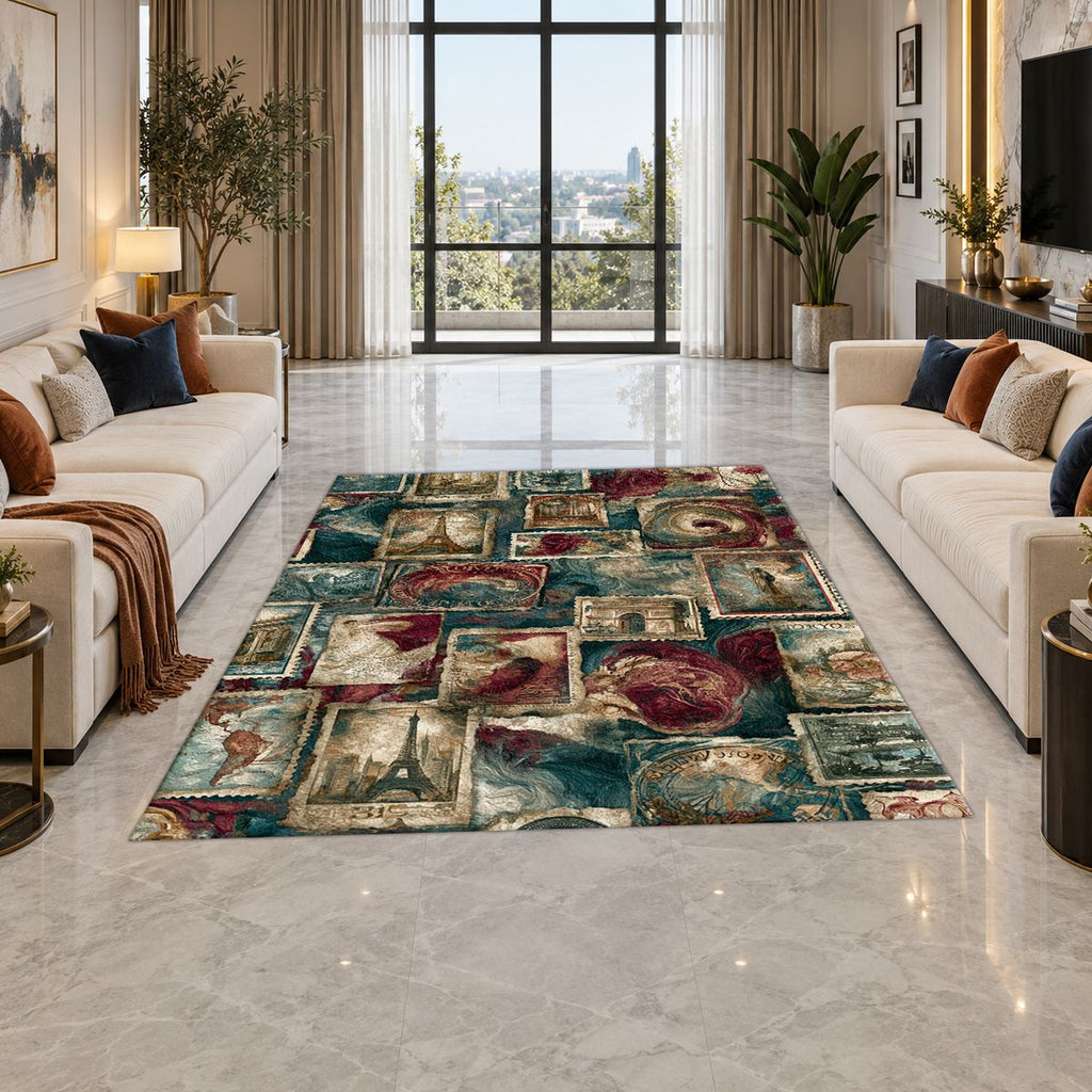 Vintage Travel Postage Stamps printed area rug