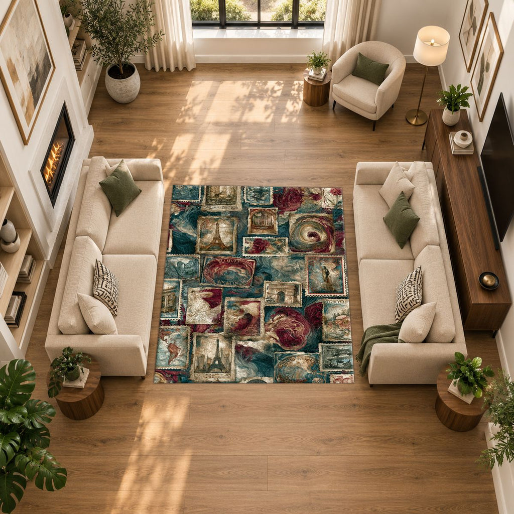 Vintage Travel Postage Stamps printed area rug