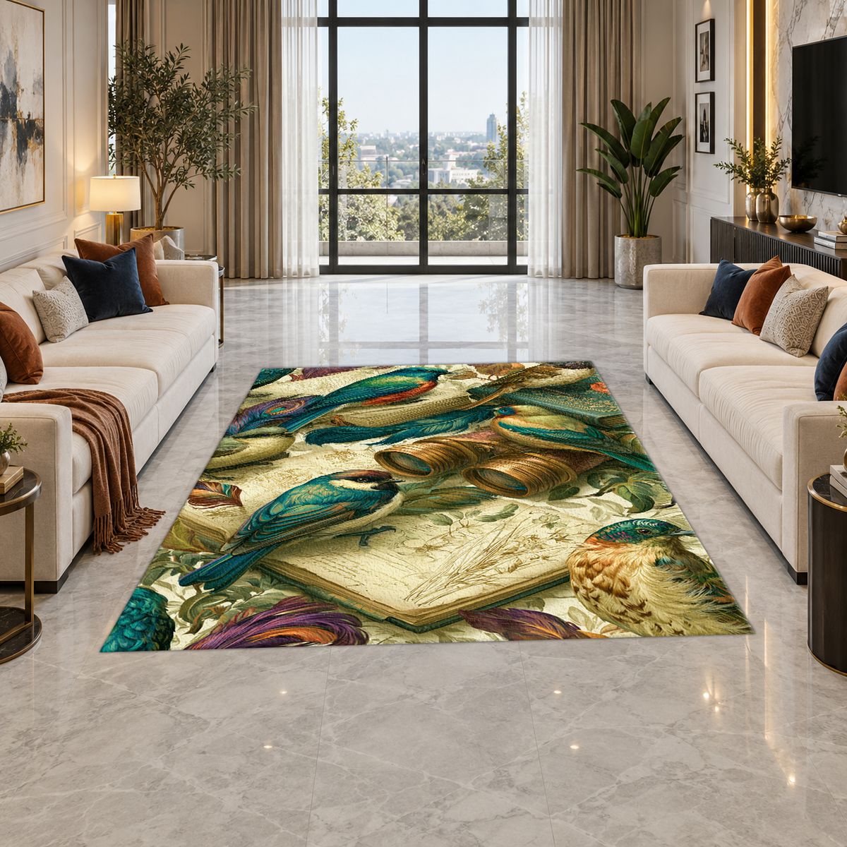 Vintage Kingfisher Birds printed area rug