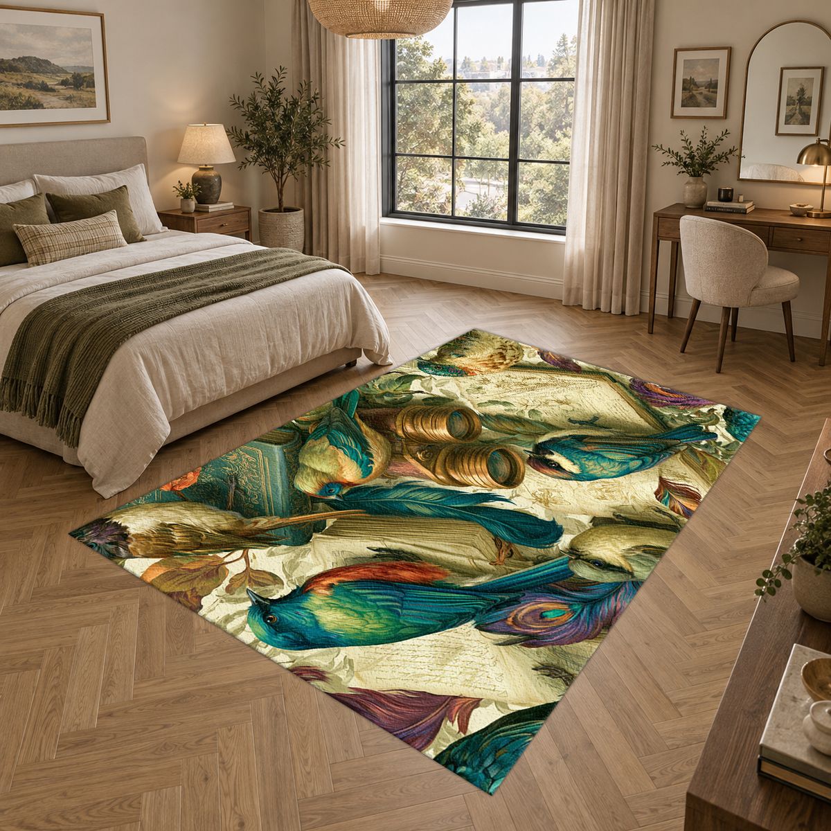 Vintage Kingfisher Birds printed area rug