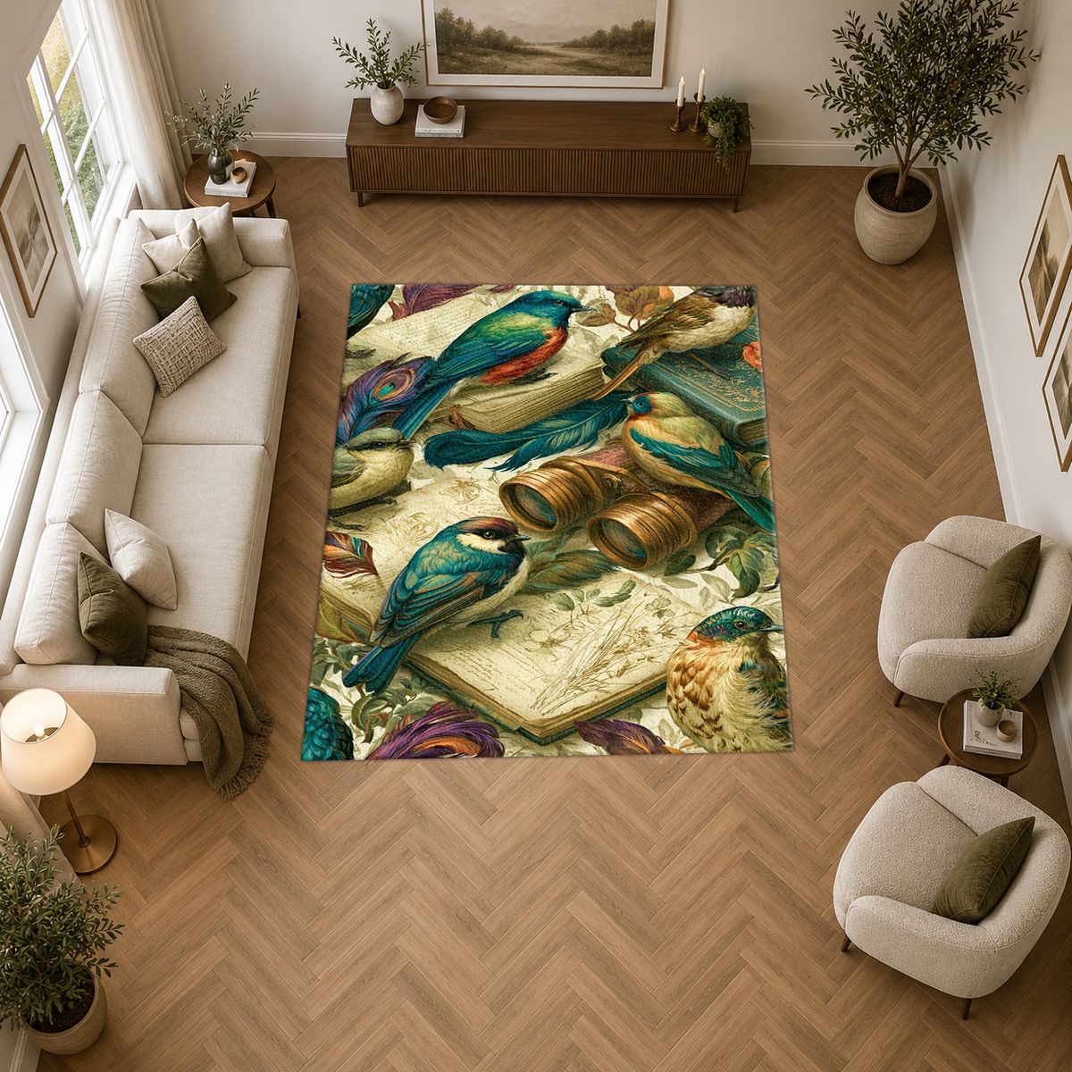 Vintage Kingfisher Birds printed area rug