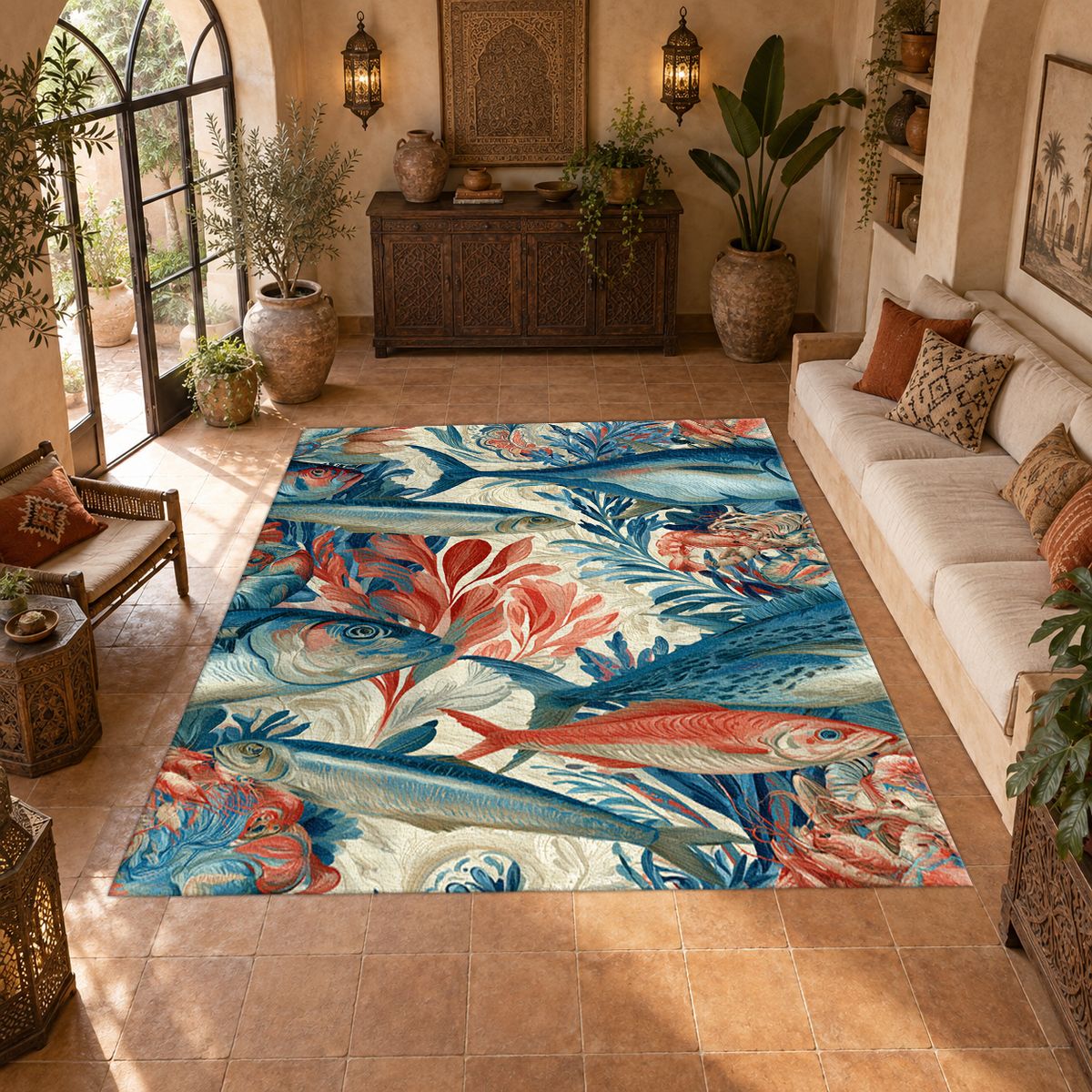 Coral and Blue Fish Pattern printed area rug