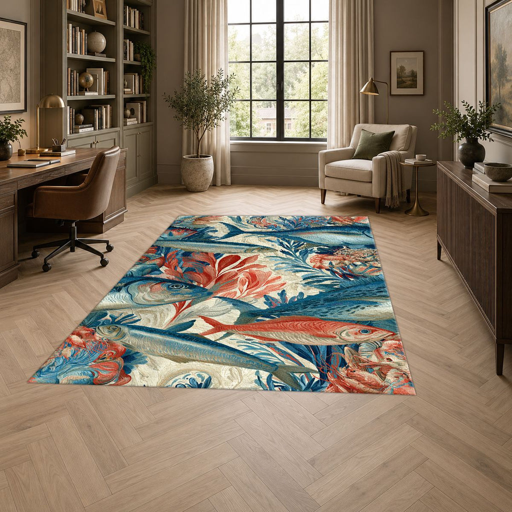 Coral and Blue Fish Pattern printed area rug
