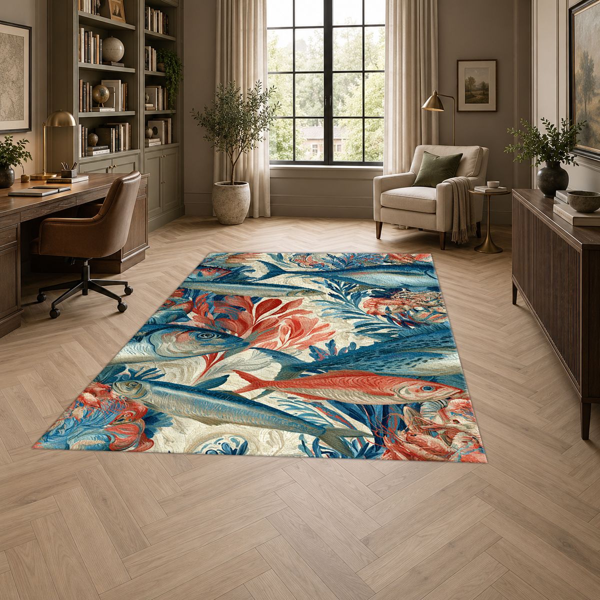 Coral and Blue Fish Pattern printed area rug