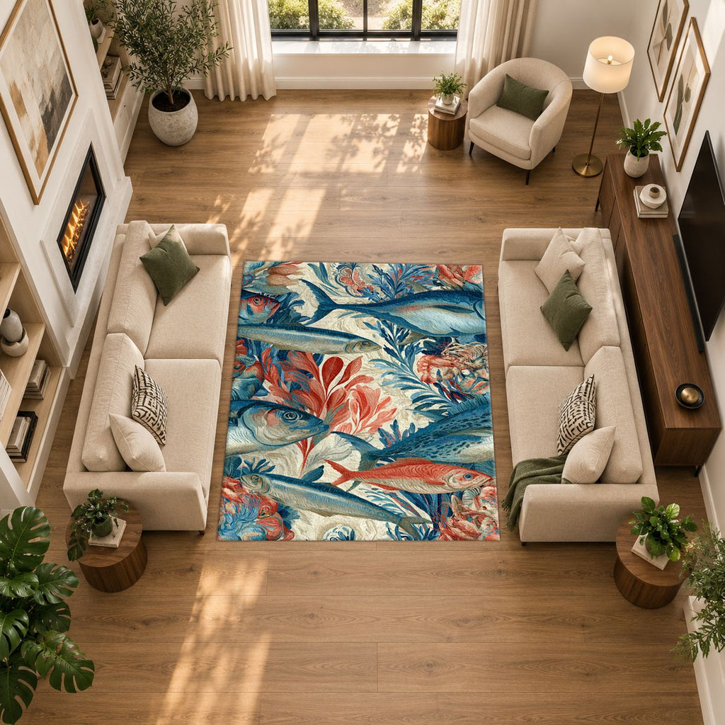 Coral and Blue Fish Pattern printed area rug