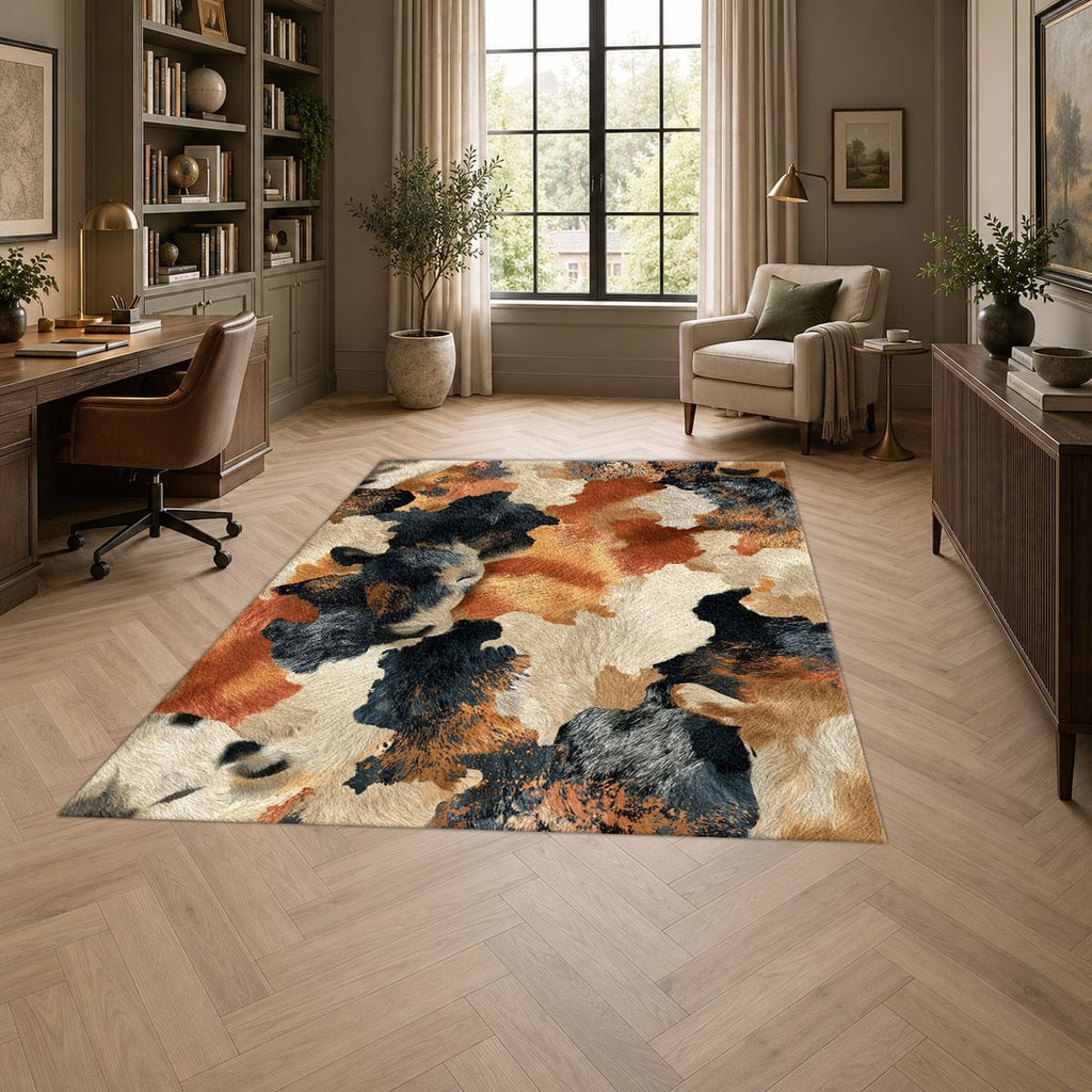 Rust and Cream Abstract Cowhide printed area rug