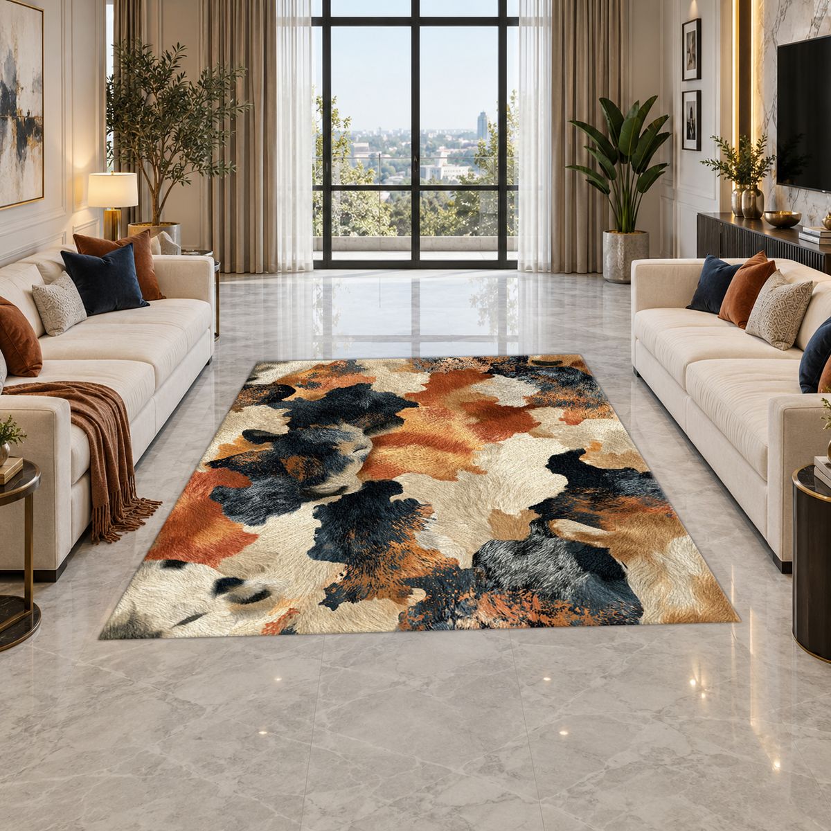 Rust and Cream Abstract Cowhide printed area rug