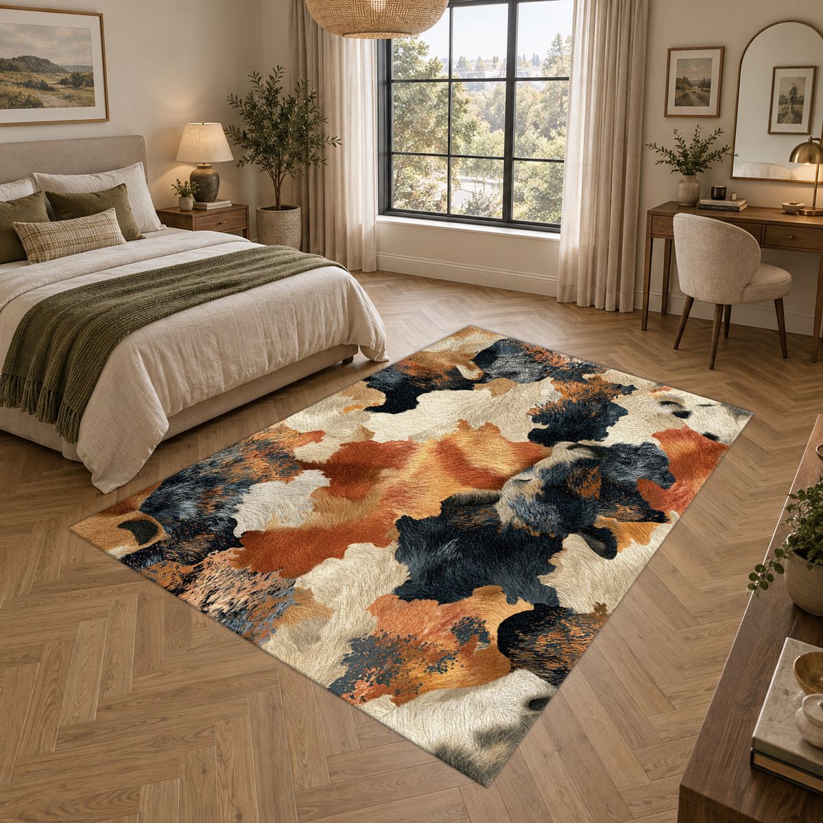 Rust and Cream Abstract Cowhide printed area rug
