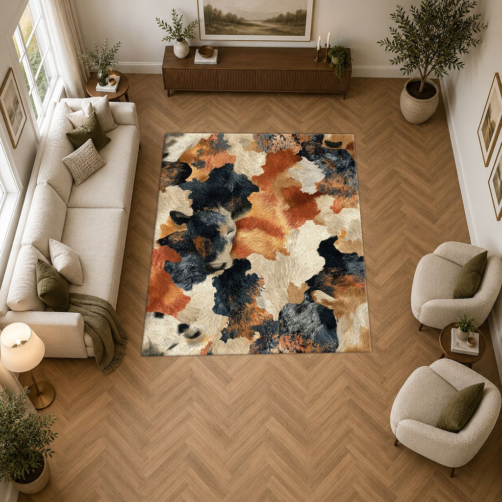 Rust and Cream Abstract Cowhide printed area rug