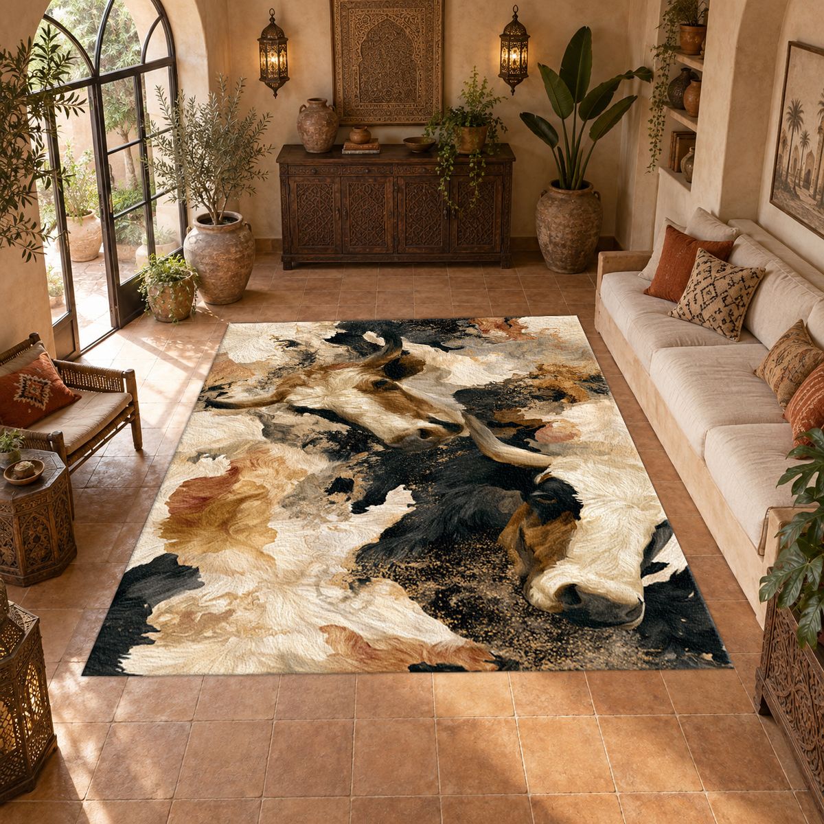 Black and Cream Bull Abstract printed area rug
