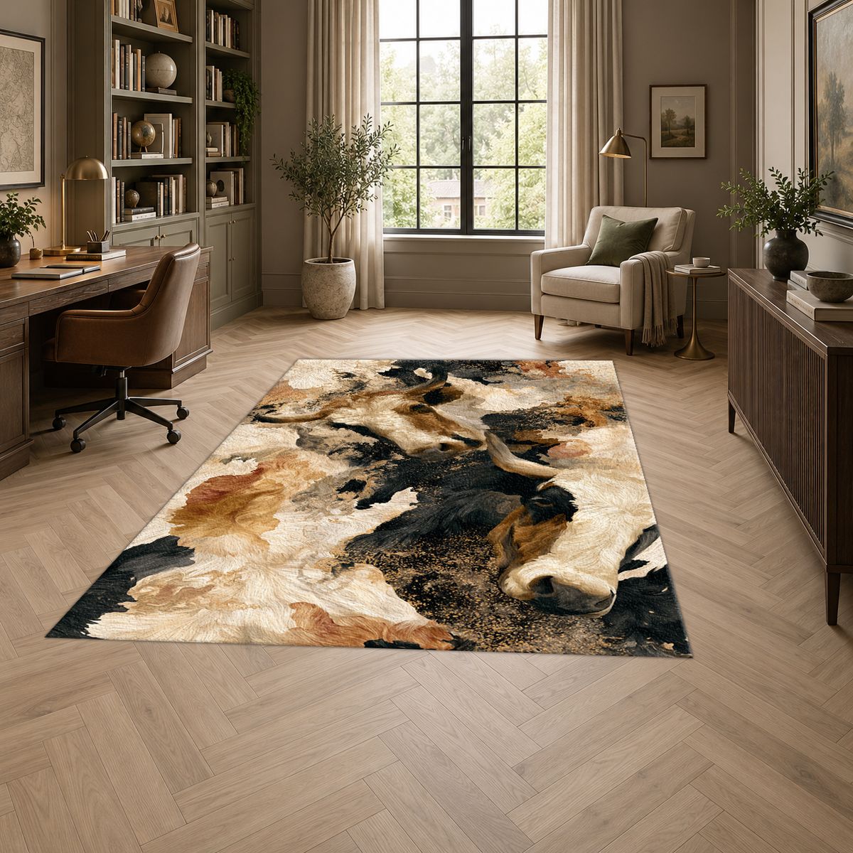 Black and Cream Bull Abstract printed area rug