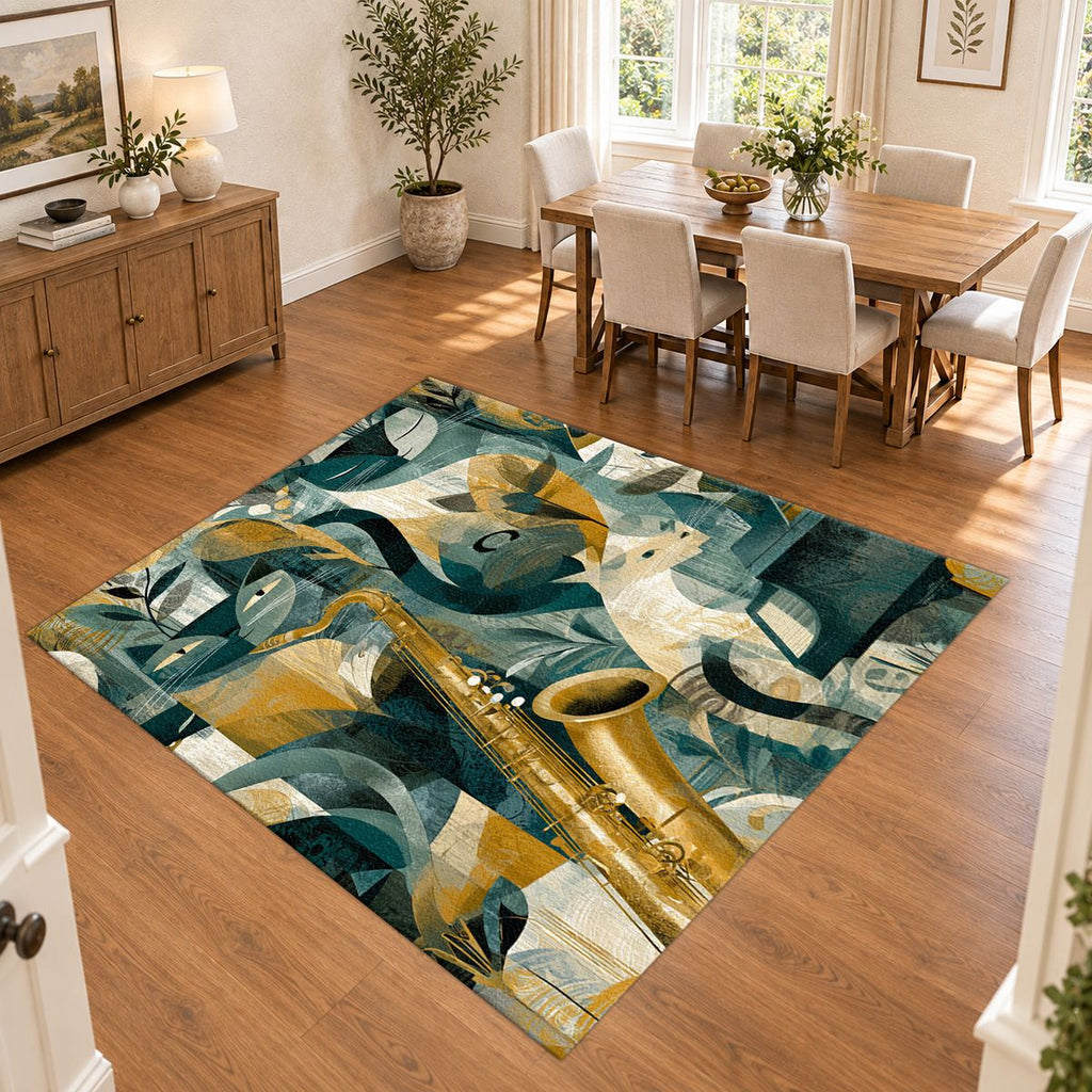 Jazz Saxophone Cat Cubist printed area rug