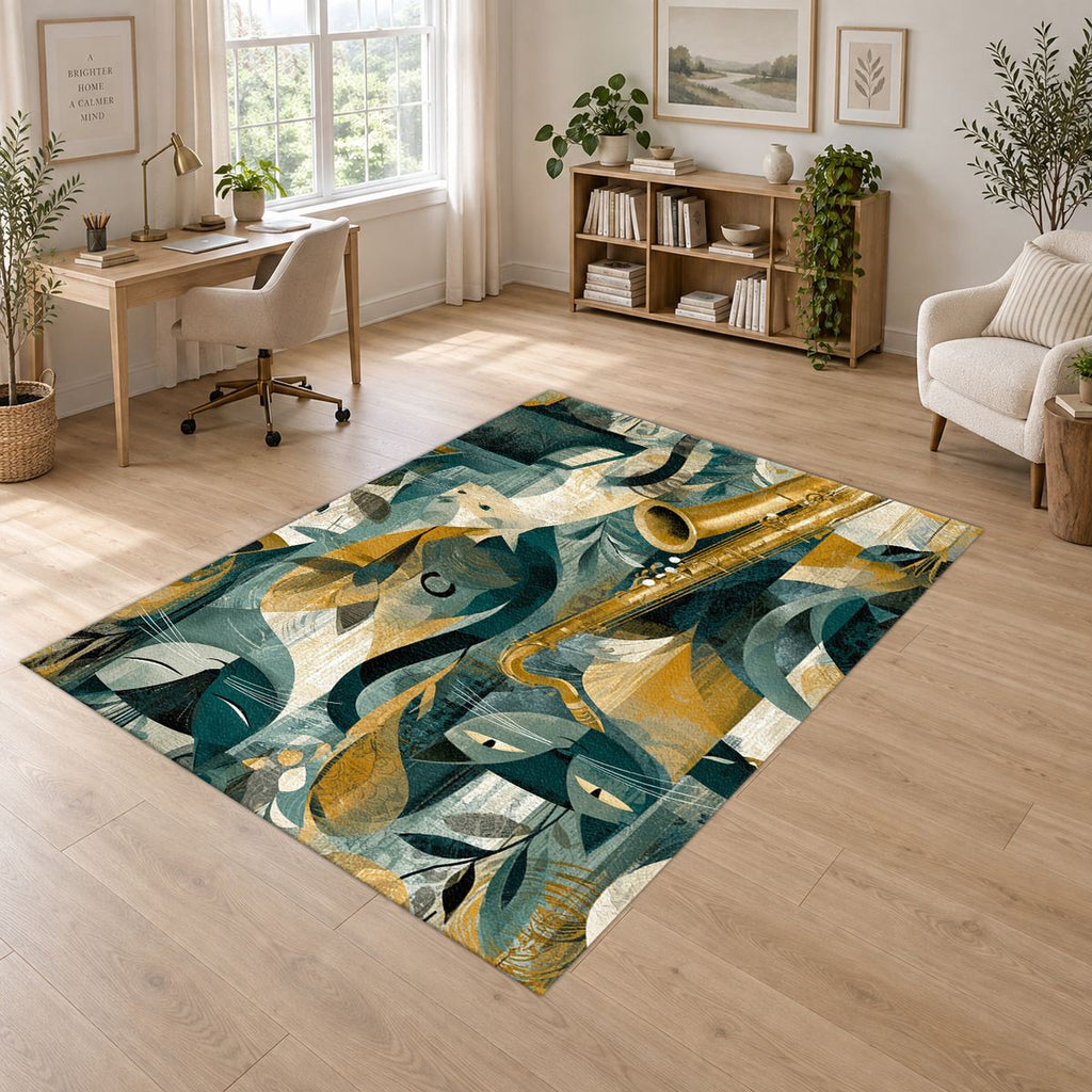 Jazz Saxophone Cat Cubist printed area rug