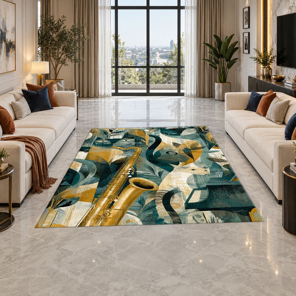 Jazz Saxophone Cat Cubist printed area rug