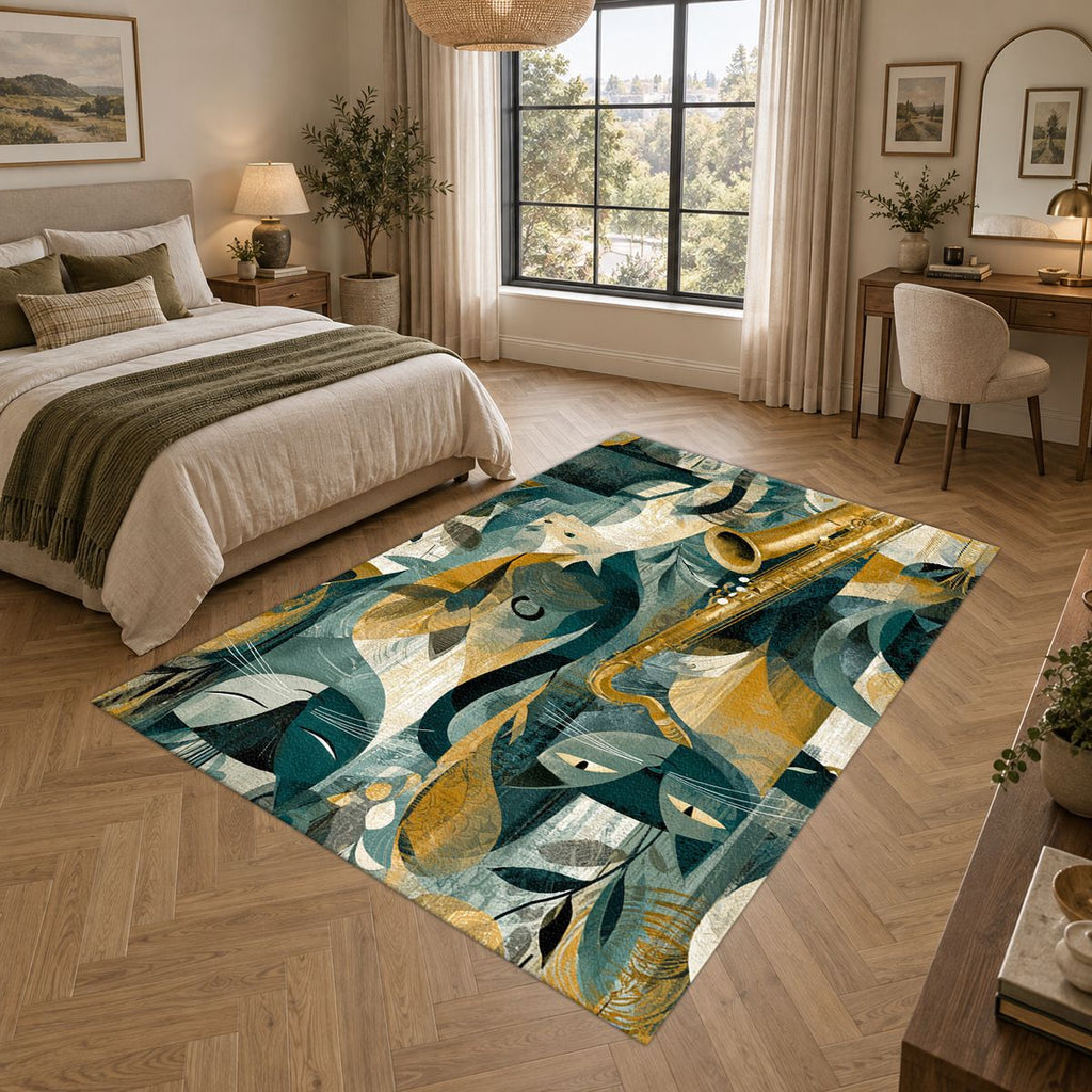Jazz Saxophone Cat Cubist printed area rug