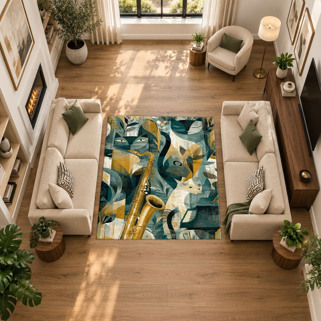 Jazz Saxophone Cat Cubist printed area rug