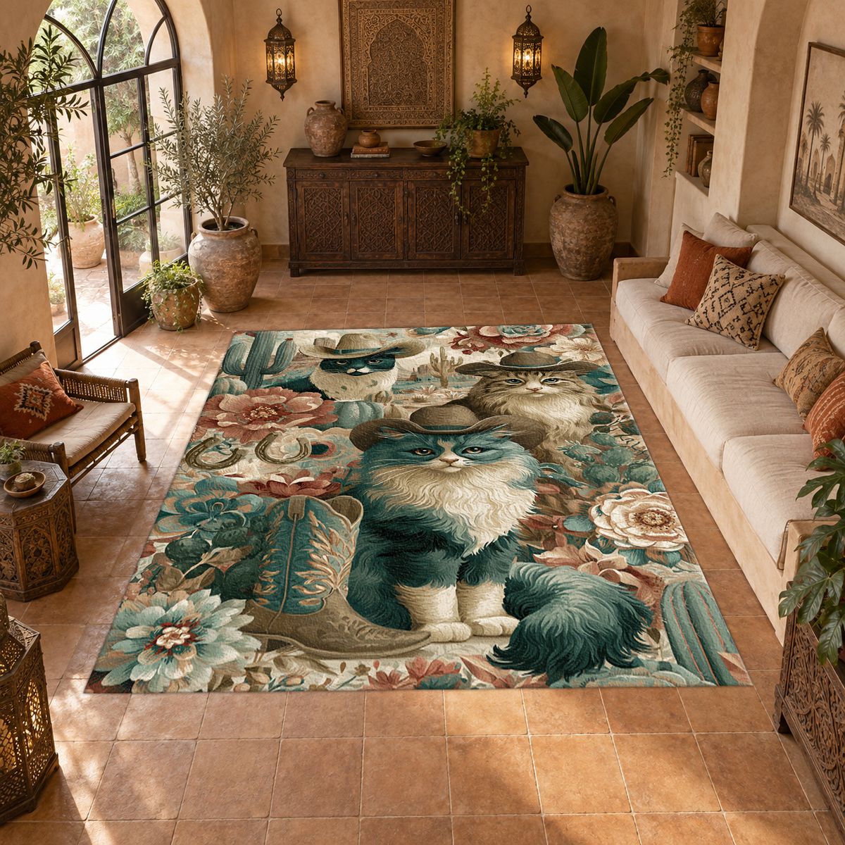 Cowboy Cats Western Floral printed area rug