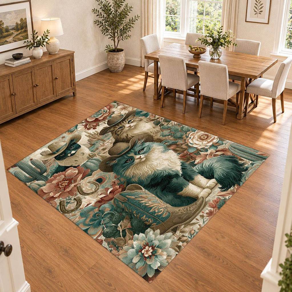 Cowboy Cats Western Floral printed area rug
