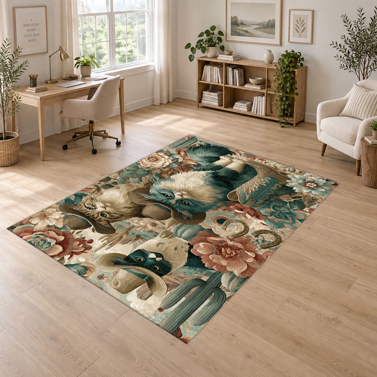 Cowboy Cats Western Floral printed area rug