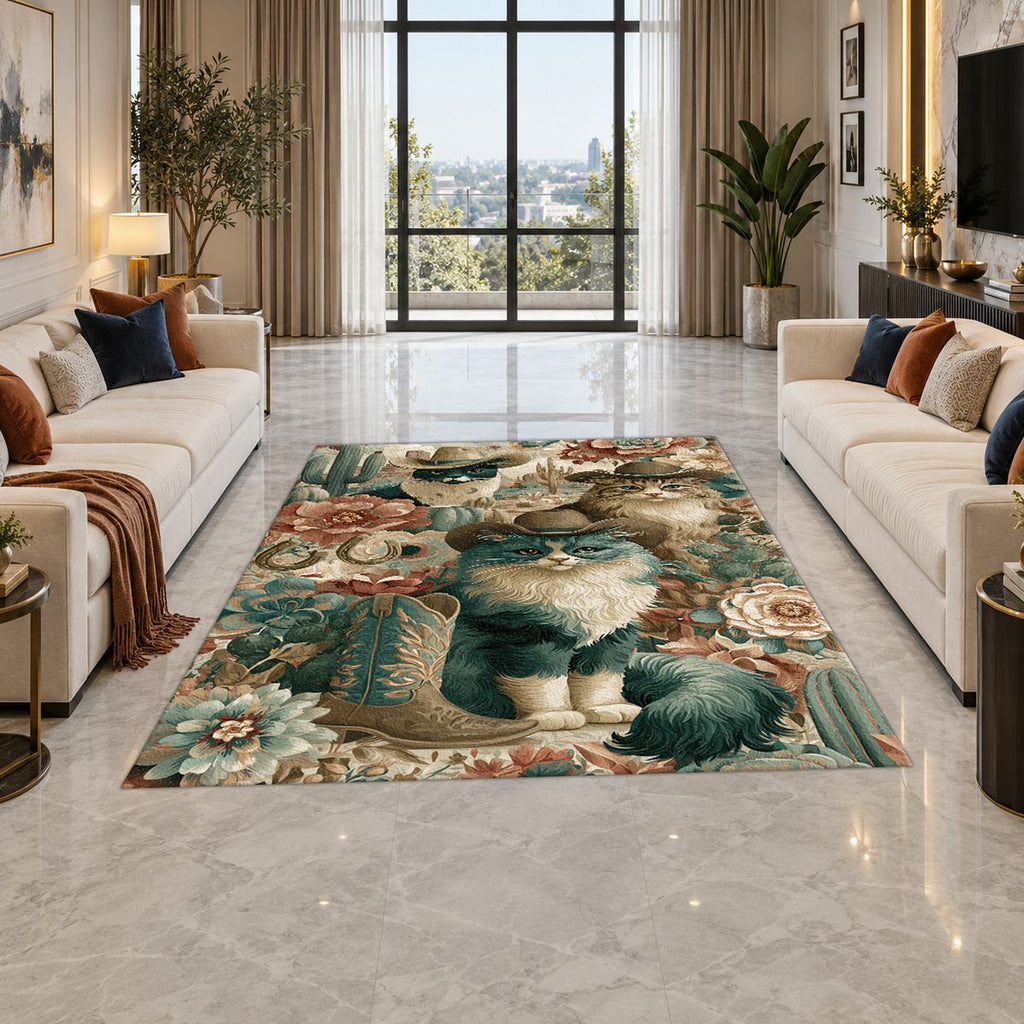 Cowboy Cats Western Floral printed area rug
