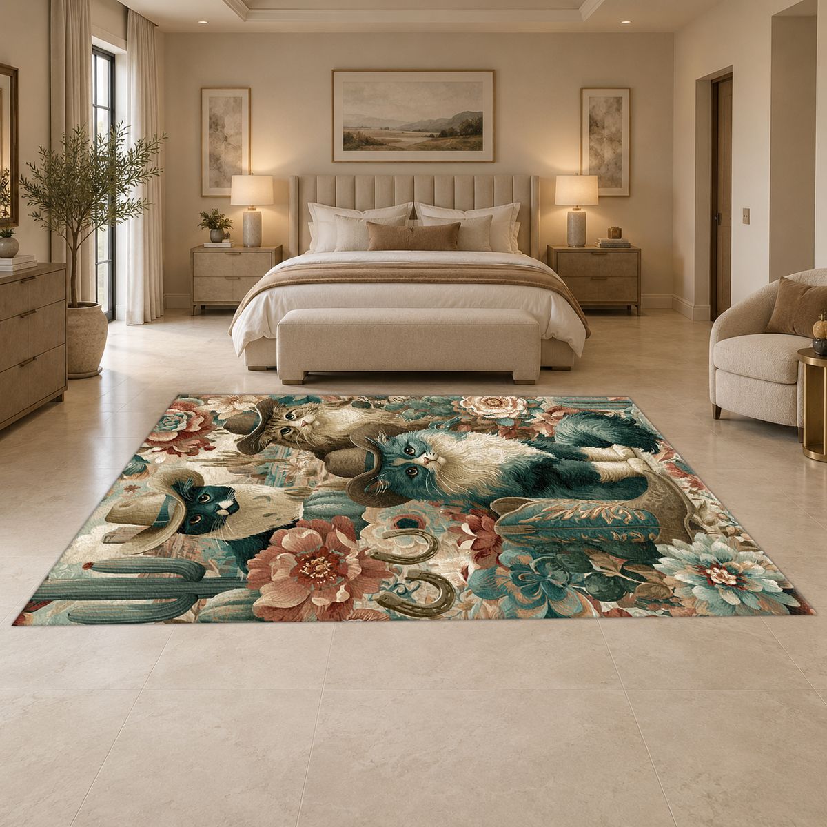 Cowboy Cats Western Floral printed area rug
