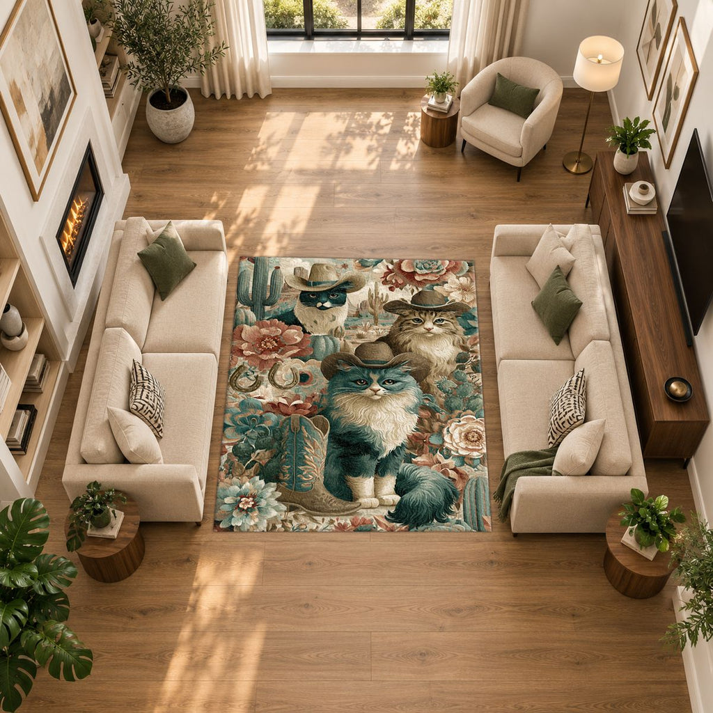Cowboy Cats Western Floral printed area rug