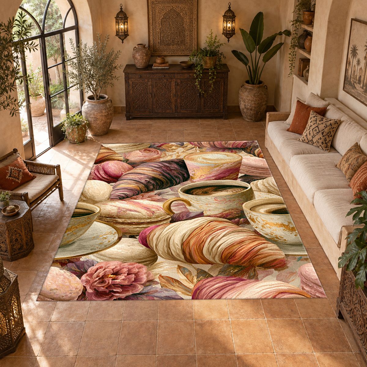 Croissant and Coffee Café Pattern printed area rug