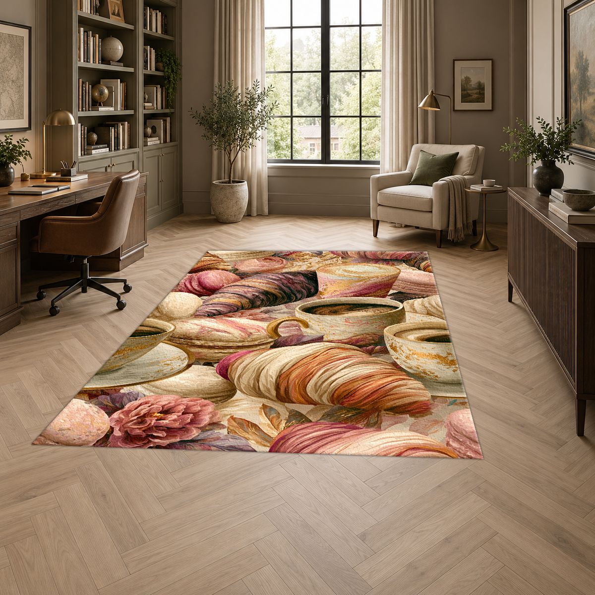 Croissant and Coffee Café Pattern printed area rug