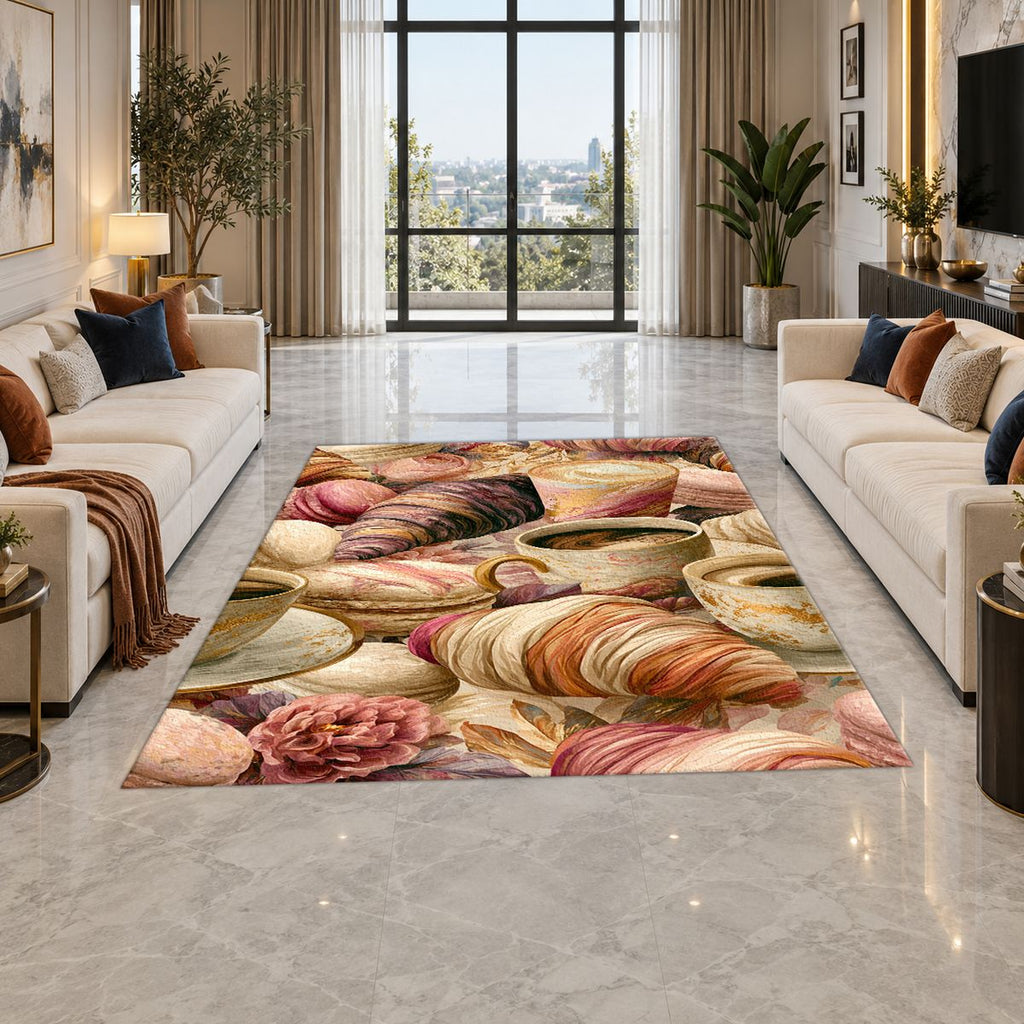 Croissant and Coffee Café Pattern printed area rug