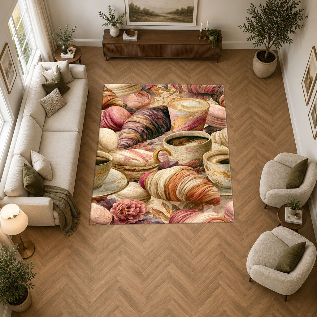 Croissant and Coffee Café Pattern printed area rug