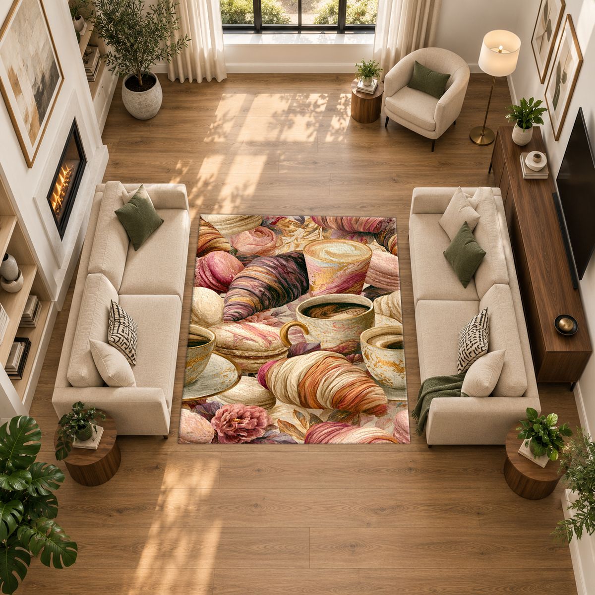 Croissant and Coffee Café Pattern printed area rug