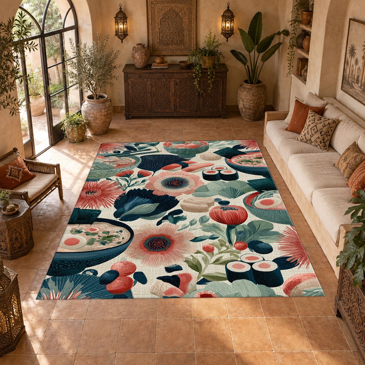 Sushi and Ramen Floral Pattern printed area rug