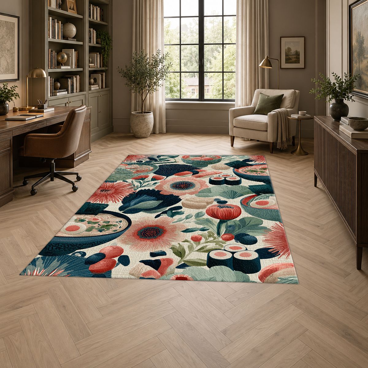 Sushi and Ramen Floral Pattern printed area rug