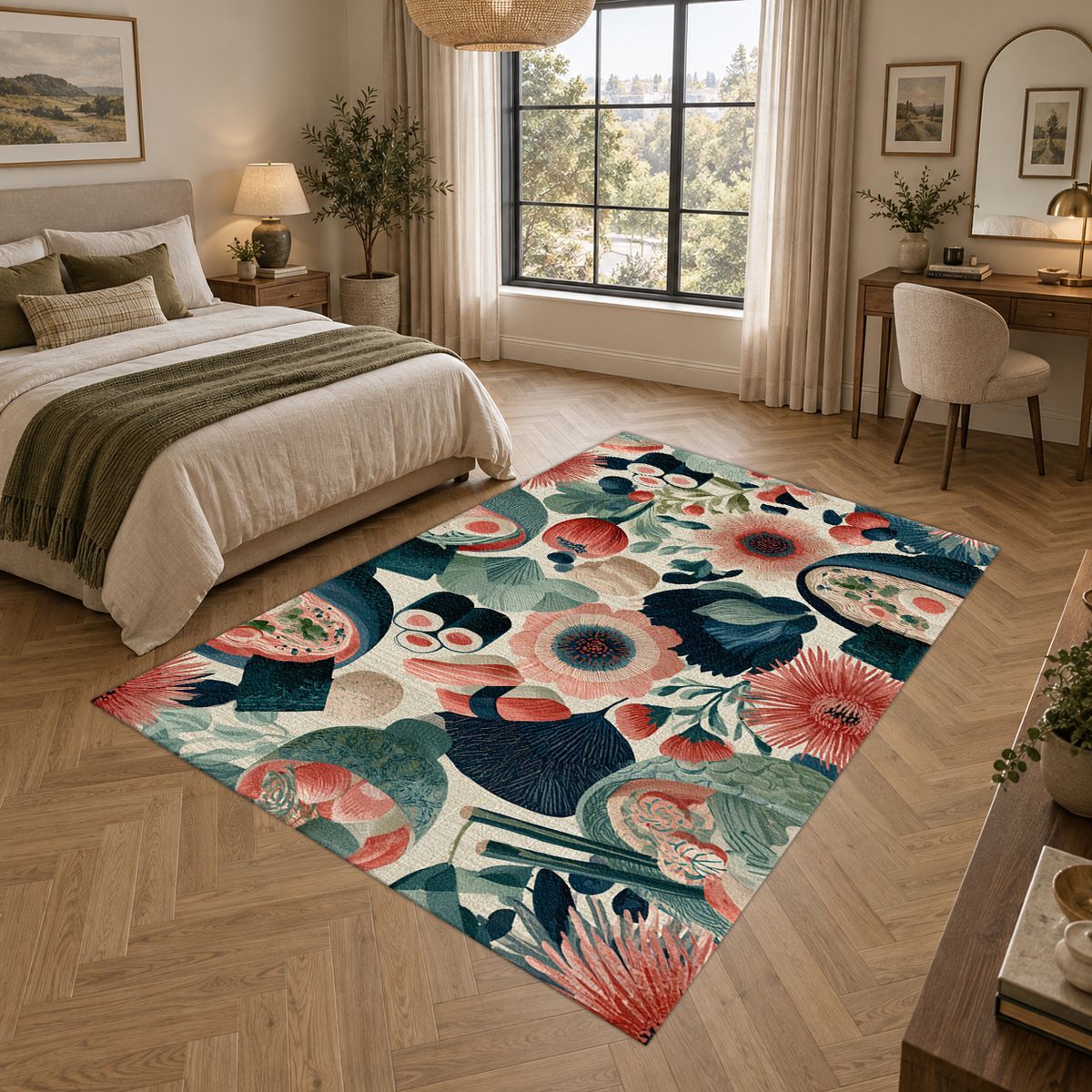 Sushi and Ramen Floral Pattern printed area rug