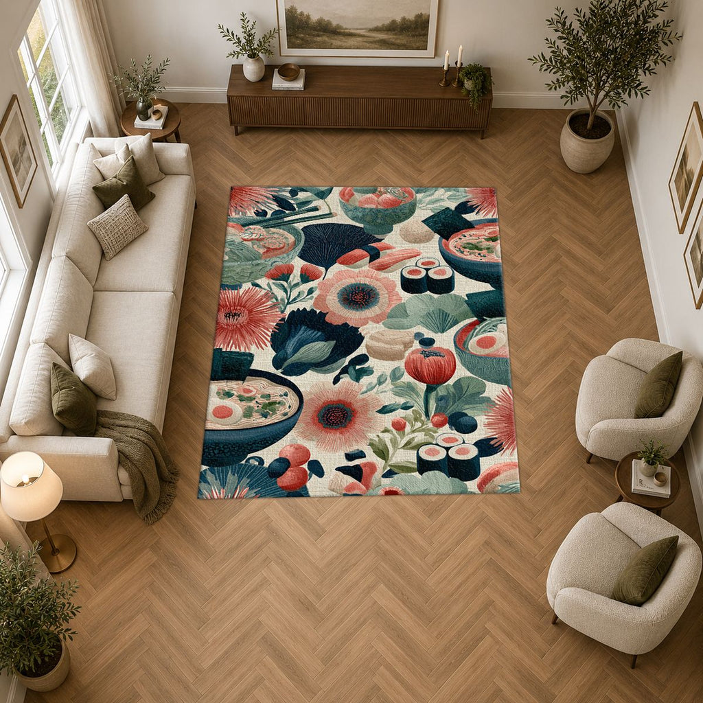 Sushi and Ramen Floral Pattern printed area rug