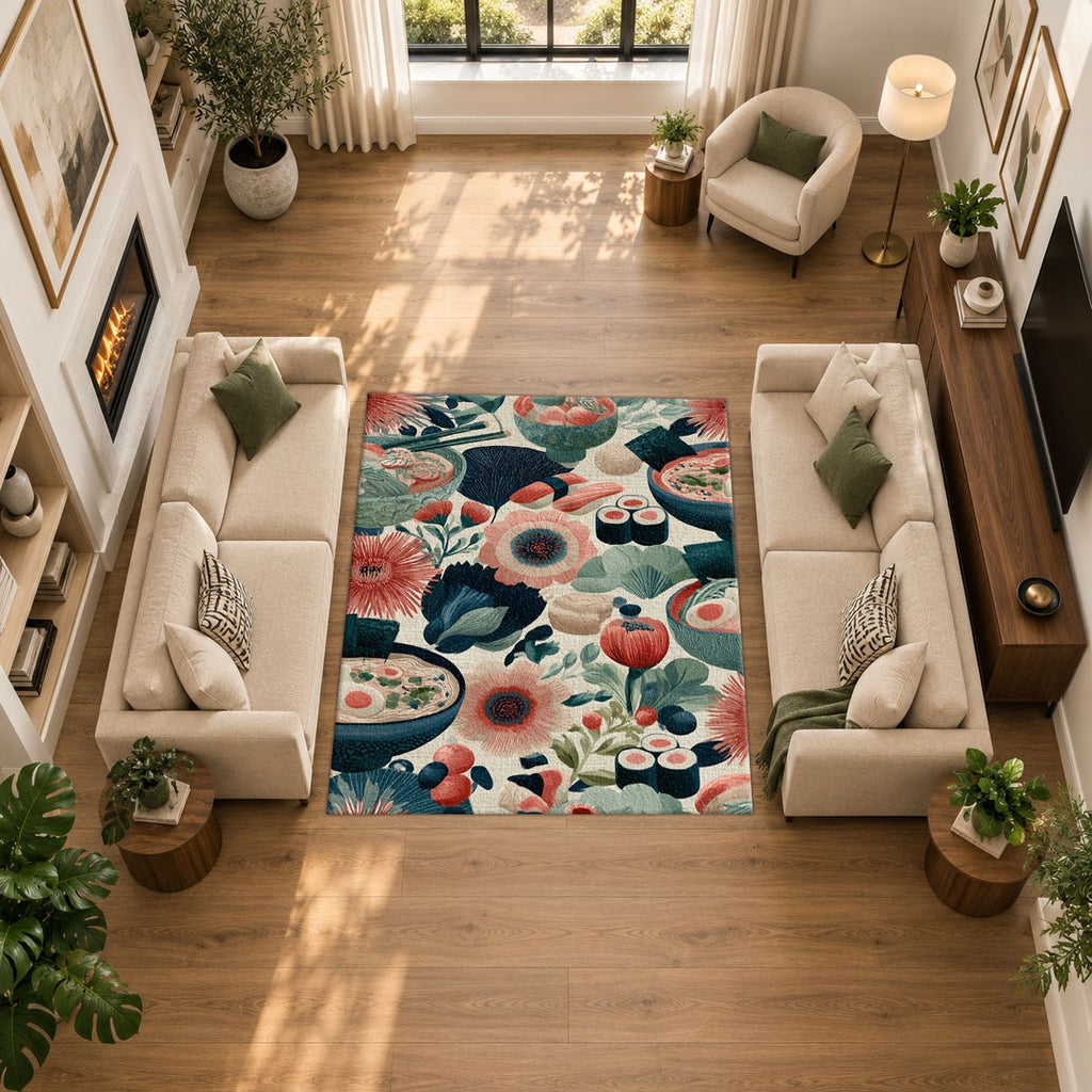Sushi and Ramen Floral Pattern printed area rug
