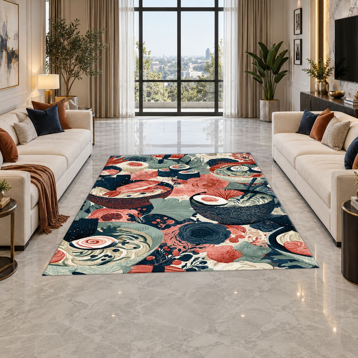 Japanese Food Bowls Pattern printed area rug