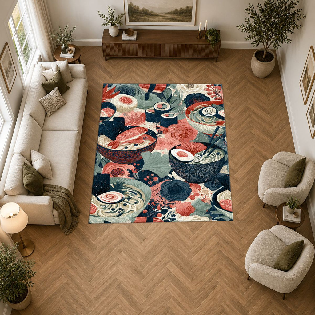 Japanese Food Bowls Pattern printed area rug