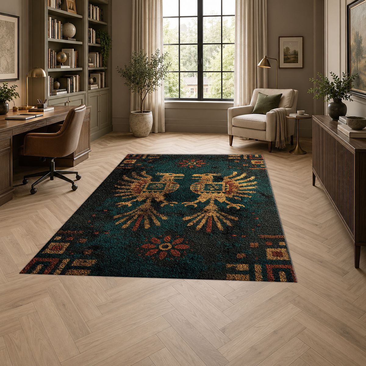 Dark Teal Double Eagle Crest printed area rug