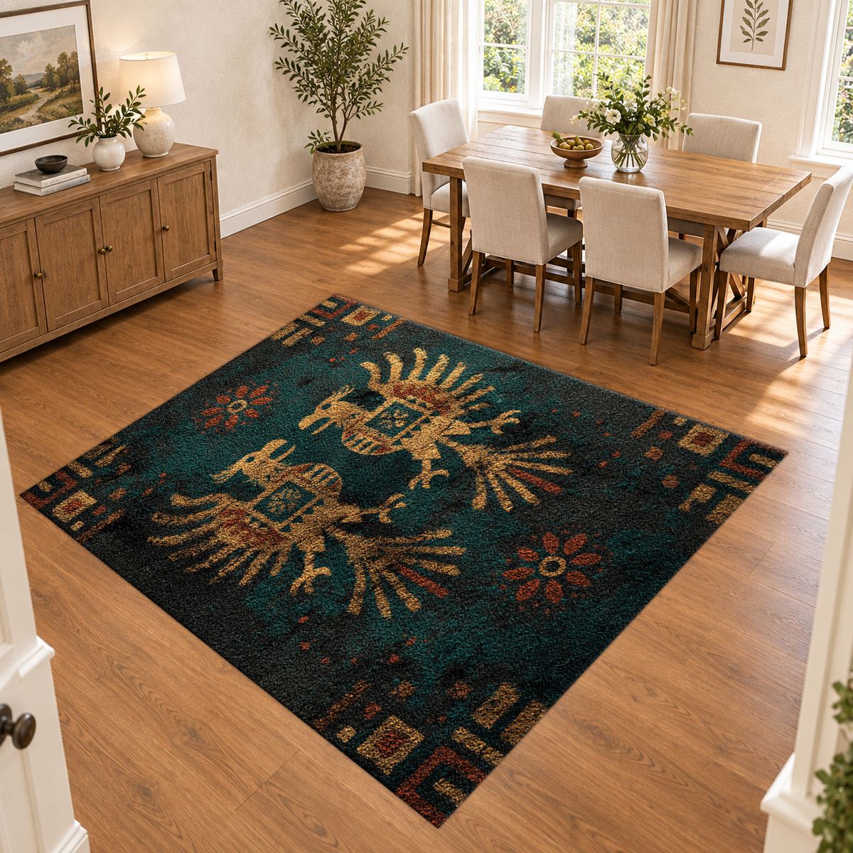 Dark Teal Double Eagle Crest printed area rug