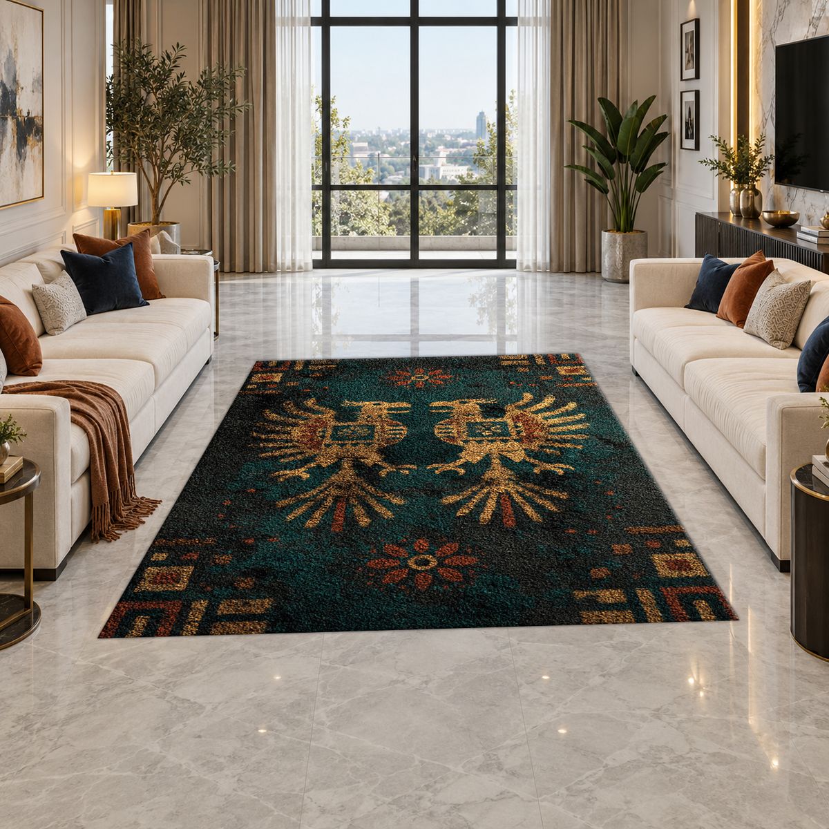 Dark Teal Double Eagle Crest printed area rug