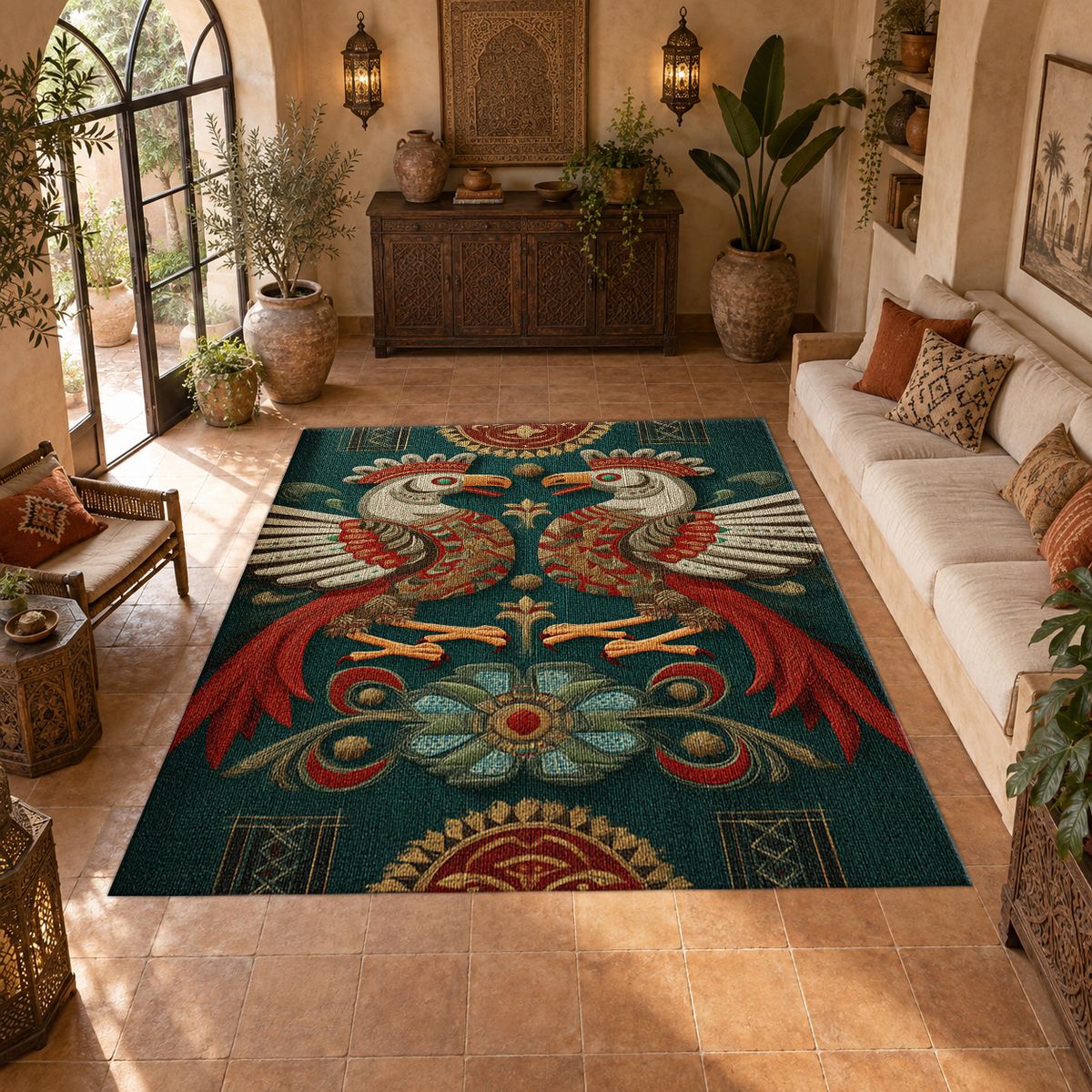 Teal Folk Art Roosters printed area rug