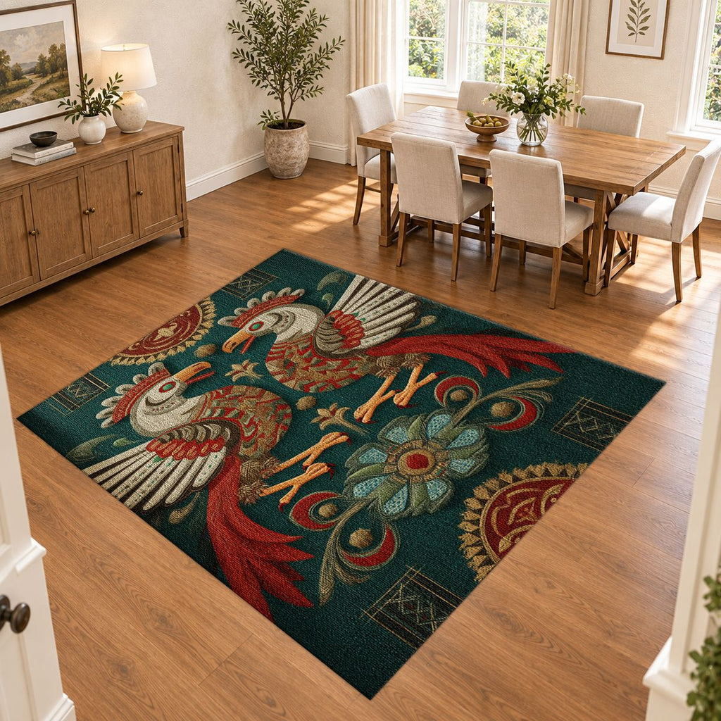 Teal Folk Art Roosters printed area rug
