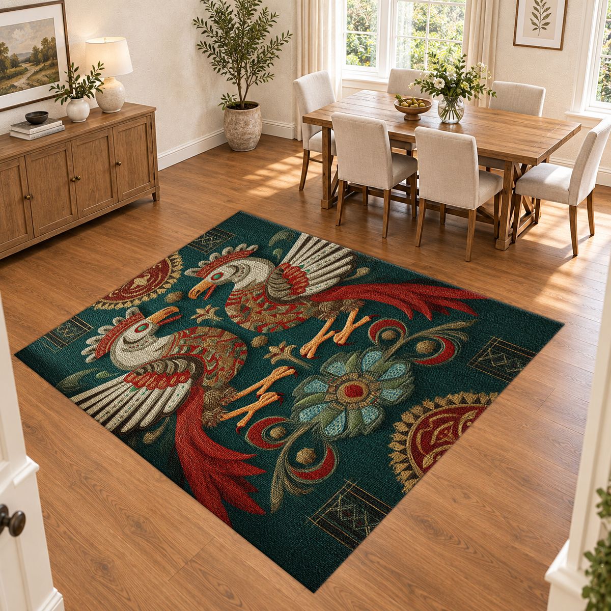 Teal Folk Art Roosters printed area rug
