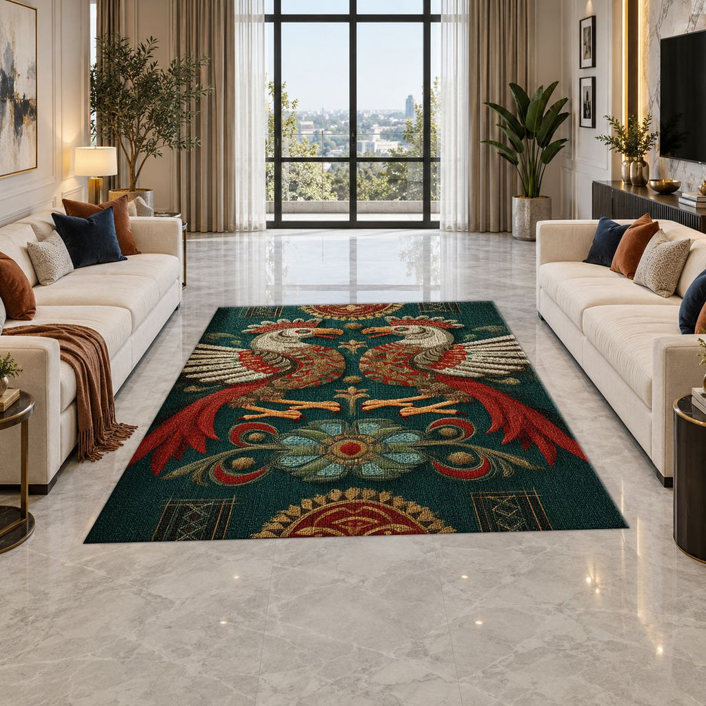 Teal Folk Art Roosters printed area rug