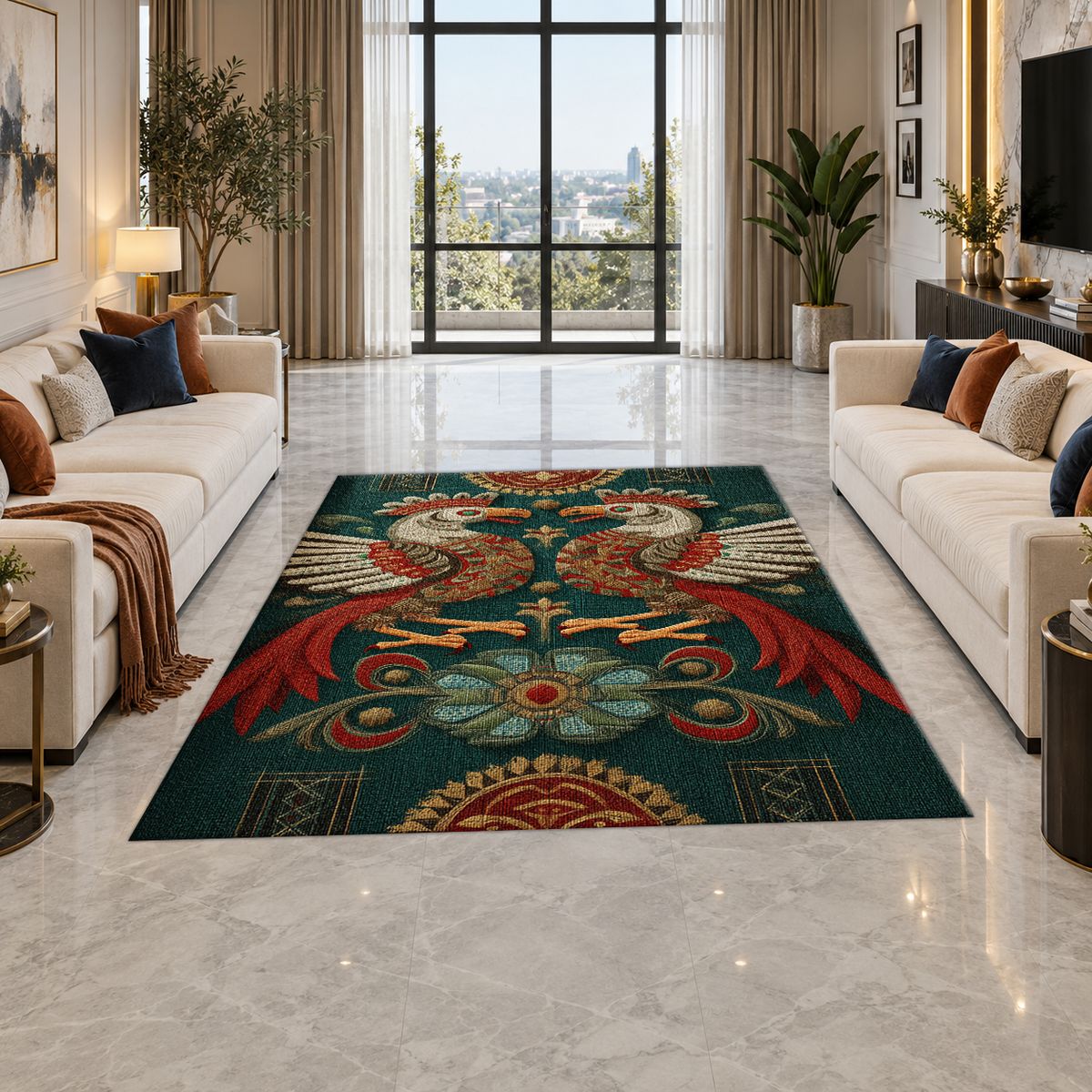 Teal Folk Art Roosters printed area rug