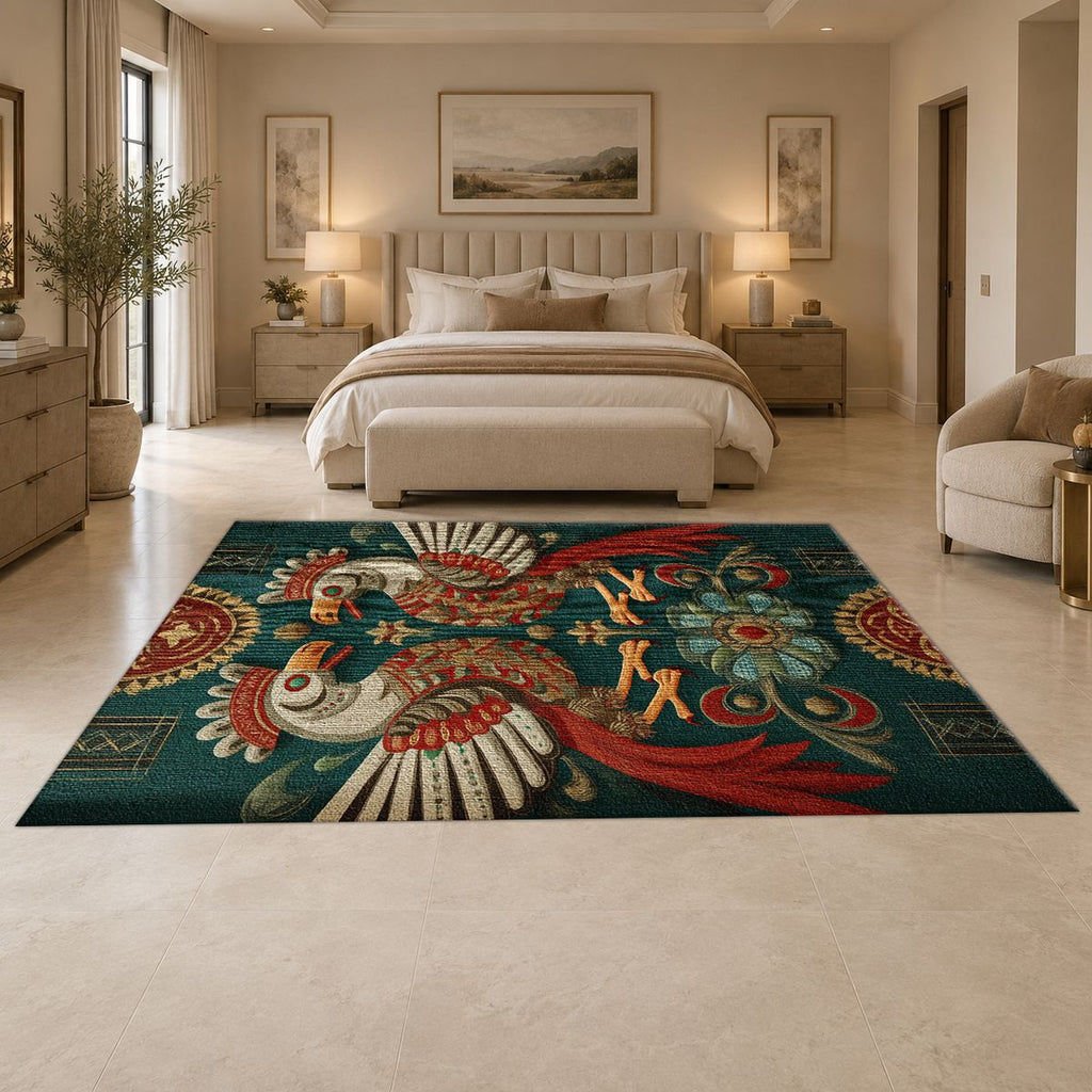 Teal Folk Art Roosters printed area rug