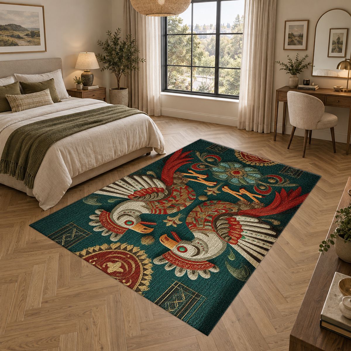 Teal Folk Art Roosters printed area rug