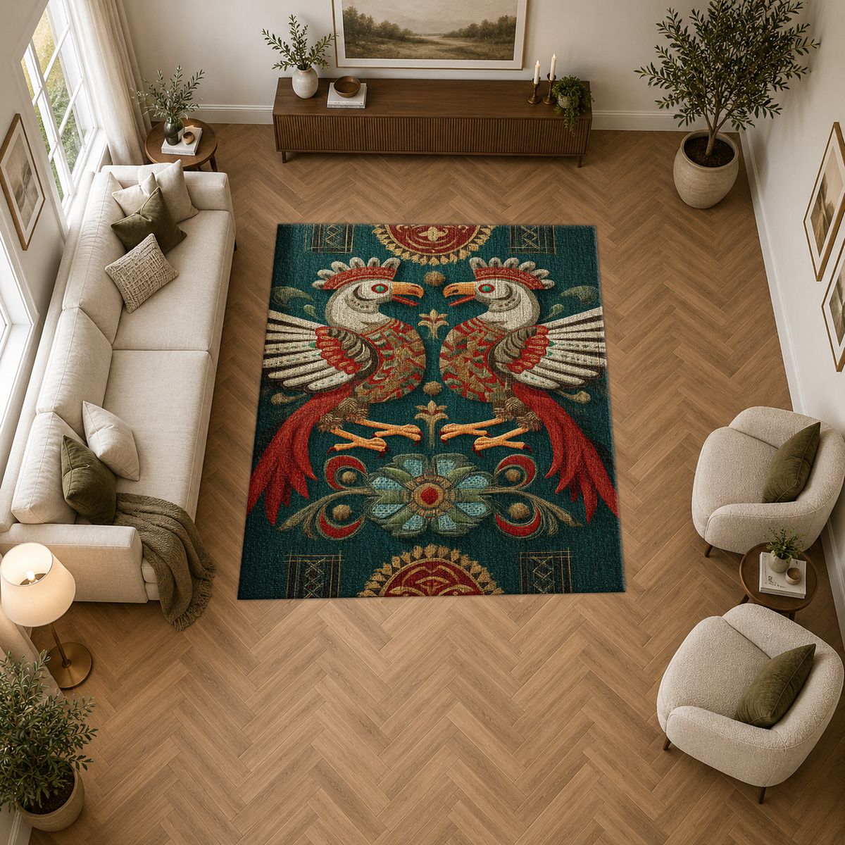 Teal Folk Art Roosters printed area rug